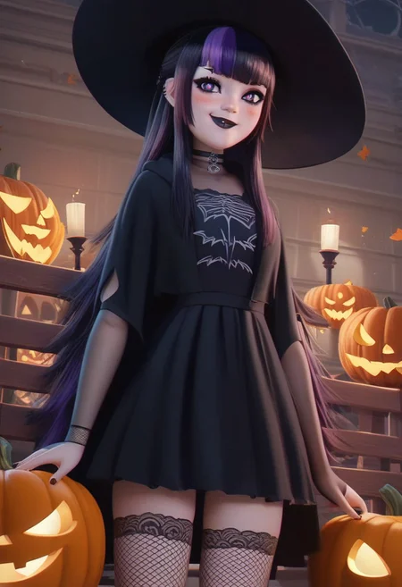 score_9, score_8_up, score_7_up, pretty girl, vivid bright colors,
goth, makeup, pumpkin, witch hat, zzgothmavis,
patFern, long hair, bangs, purple eyes, (purple hair), sidelocks, blunt bangs, bright pupils, half updo, goth, black lipstick, choker, dyed hair, tight dress, thighhighs, fishnet,
blush, looking at viewer, cowboy shot, dutch angle, solo,
smile, blush,