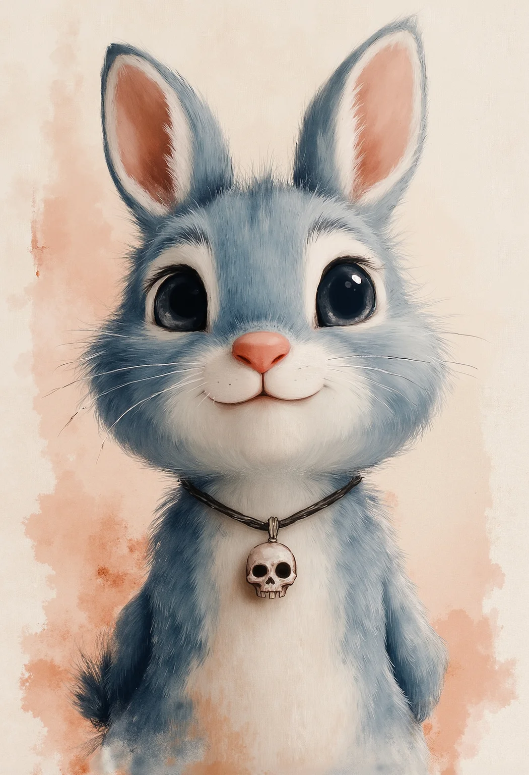 pst007, A close-up portrait of a whimsical blue rabbit character with oversized eyes and a pink nose, wearing a small skull pendant. The fur is textured and slightly scruffy, against a muted vintage backdrop with painterly textures. Vibrant yet soft lighting accentuates the character's cartoonish features, with an ink illustration style fused with Pixar-like charm