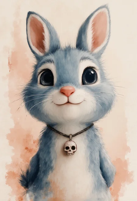 pst007, A close-up portrait of a whimsical blue rabbit character with oversized eyes and a pink nose, wearing a small skull pendant. The fur is textured and slightly scruffy, against a muted vintage backdrop with painterly textures. Vibrant yet soft lighting accentuates the character's cartoonish features, with an ink illustration style fused with Pixar-like charm