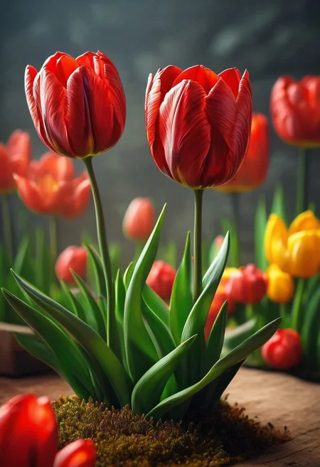 score_9, score_8_up, score_8, masterpiece, high detailed, very detailed, HD, best quality, hyper detailed, ultra detailed, super realistic, close-up, macro 100mm, macro photography,
cf_style, red tulips, red and greencolor theme, , , , , , , , , , , , , textured composition, , , , , soft lighting, red carbon tulips) Let it be a magical garden filled with exotic plants and bright buds. The background can be blurred to focus on the colors.
dynamic angle, dynamic lighting,