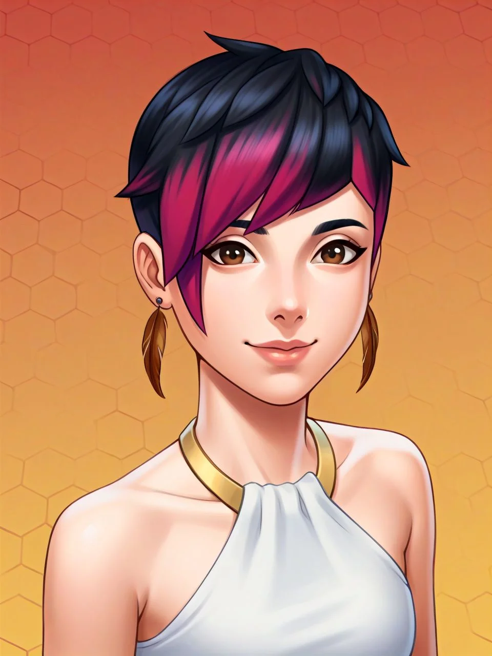 PonyXLV6_Scores, (honeycomb \(pattern\):1.5), rainbow gradient background, 1girl, solo, (upper body portrait:1.1), warm slight smile, closed mouth, looking at viewer, <lora:juneTS4_PDXL:0.9> junets4, short hair, black hair, pink highlights, brown eyes, feather earrings, halterneck, golden neckband,
