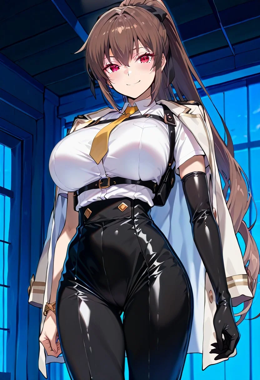 (absurdres, best quality, masterpiece:1.4), amazing quality, highres, newest, detailed, detailed body, detailed face, source anime, anime coloring, beautiful,
BREAK
urakanna, 1girl, solo, brown hair, ponytail, long hair, red eyes, large breasts, standing, smile, Cosplay,
BREAK
Evelyn Chevalier \(cosplay\), high-waist pants, chest harness, tight clothes, single elbow gloves, yellow necktie, jacket on shoulder