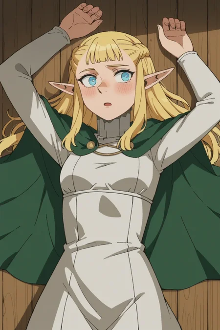 score_9, score_8_up, score_7_up, source_anime, 1girl, prefect lighting, very aesthetic, intricate details, highly detailed background, masterpiece, high quality, prefect hands, best quality, solo,
<lora:Pattadol_Dungeon_Meshi_V1:.85>, blonde hair, light blue eyes, pointy ears, pointy nose, braid, long hair,
green cape, white turtleneck dress, long sleeves,
looking to the side, on back, lying on wooden floor, surprised, heavy blush, arms up, embarrassed,
dungeon, stone wall, dark, dim lights, wooden floor,
(Beautiful, small Breasts:1.2), natural breasts,