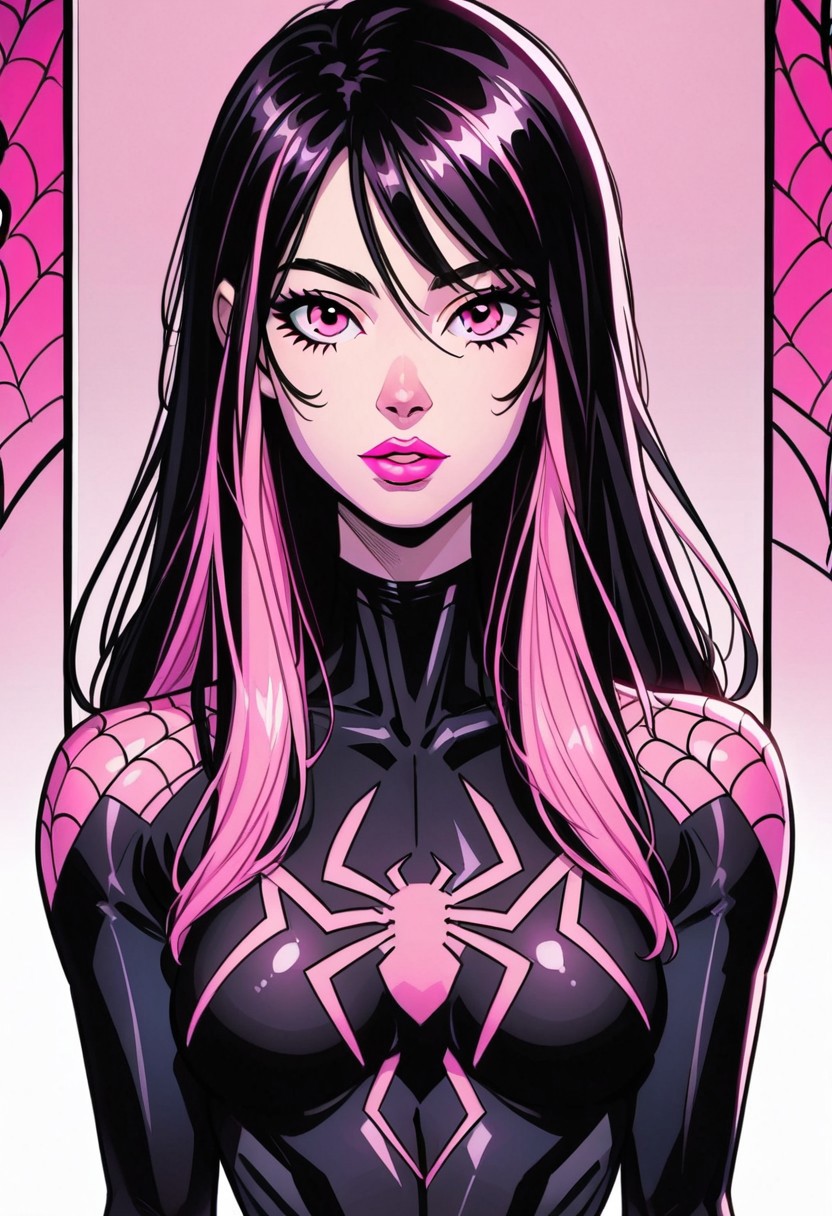 /Spider_Ayane/, pink lipstick, long black hair, pink hair highlights, medium breasts, portrait, black bodysuit with pink spider print, looking at viewer, puty lips, pink eyes