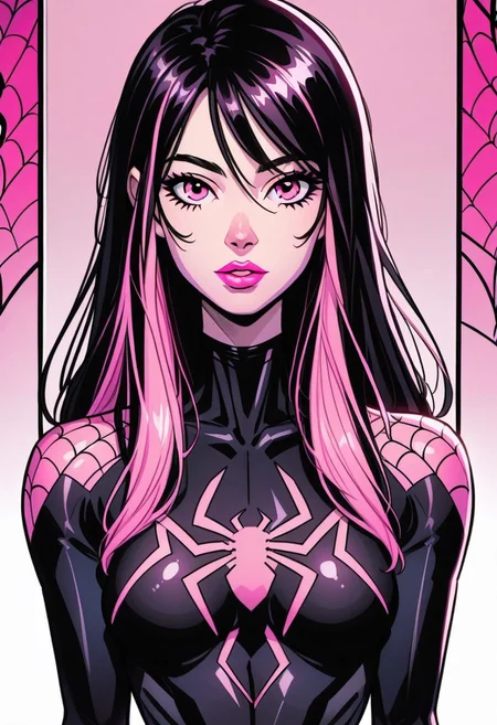 /Spider_Ayane/, pink lipstick, long black hair, pink hair highlights, medium breasts, portrait, black bodysuit with pink spider print, looking at viewer, puty lips, pink eyes