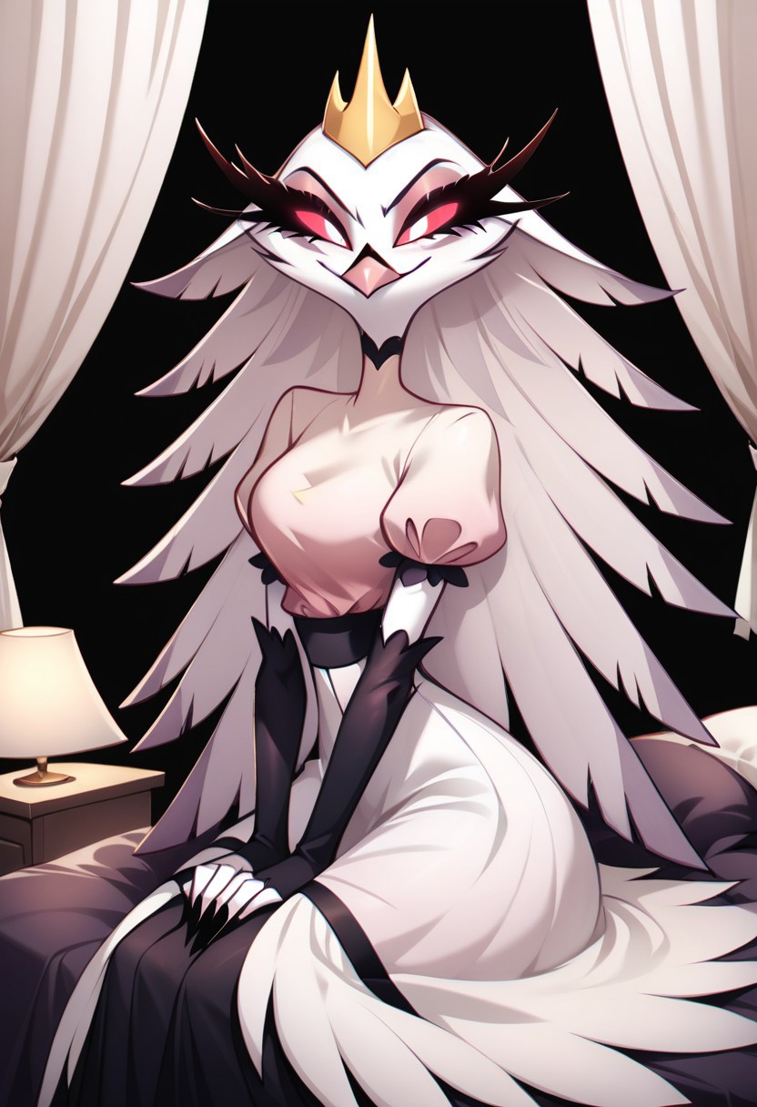 score_9, score_8_up, score_7_up, score_6_up, score_5_up, score_4_up, masterpiece, high quality, detailed, best quality, white bed, solo, rating_safe, source_furry, white bed, bedroom, looking at viewer, smiling, seductive, sitting, hand on own thigh,  detailed eyes, 1girl, Stella \(Helluva Boss\), furry female, owl, demon owl, red eyes, white pupils, long eyelashes, white body, white feathers, feathers hair, long hair, eyeshadow, beak, pink beak, bird tail, tail feathers, white dress, puffy sleeves, puffy short sleeves, elbow gloves, black elbow gloves, golden crown