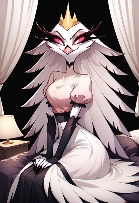 score_9, score_8_up, score_7_up, score_6_up, score_5_up, score_4_up, masterpiece, high quality, detailed, best quality, white bed, solo, rating_safe, source_furry, white bed, bedroom, looking at viewer, smiling, seductive, sitting, hand on own thigh, detailed eyes, 1girl, Stella \(Helluva Boss\), furry female, owl, demon owl, red eyes, white pupils, long eyelashes, white body, white feathers, feathers hair, long hair, eyeshadow, beak, pink beak, bird tail, tail feathers, white dress, puffy sleeves, puffy short sleeves, elbow gloves, black elbow gloves, golden crown