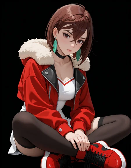 <lora:Momo Noob:1>
ayasemomo, brown hair, short hair, hair between eyes, crossed bangs, black choker, earrings,
j4cket, cropped jacket, red jacket, black choker, white dress, short dress, red accents, fur trimmed jacket, long sleeves, black thighhighs, open jacket, red footwear, high tops,
sitting, indian style,, very awa, masterpiece, best quality, highres, absurdres, (simple background, black background:1.1),
