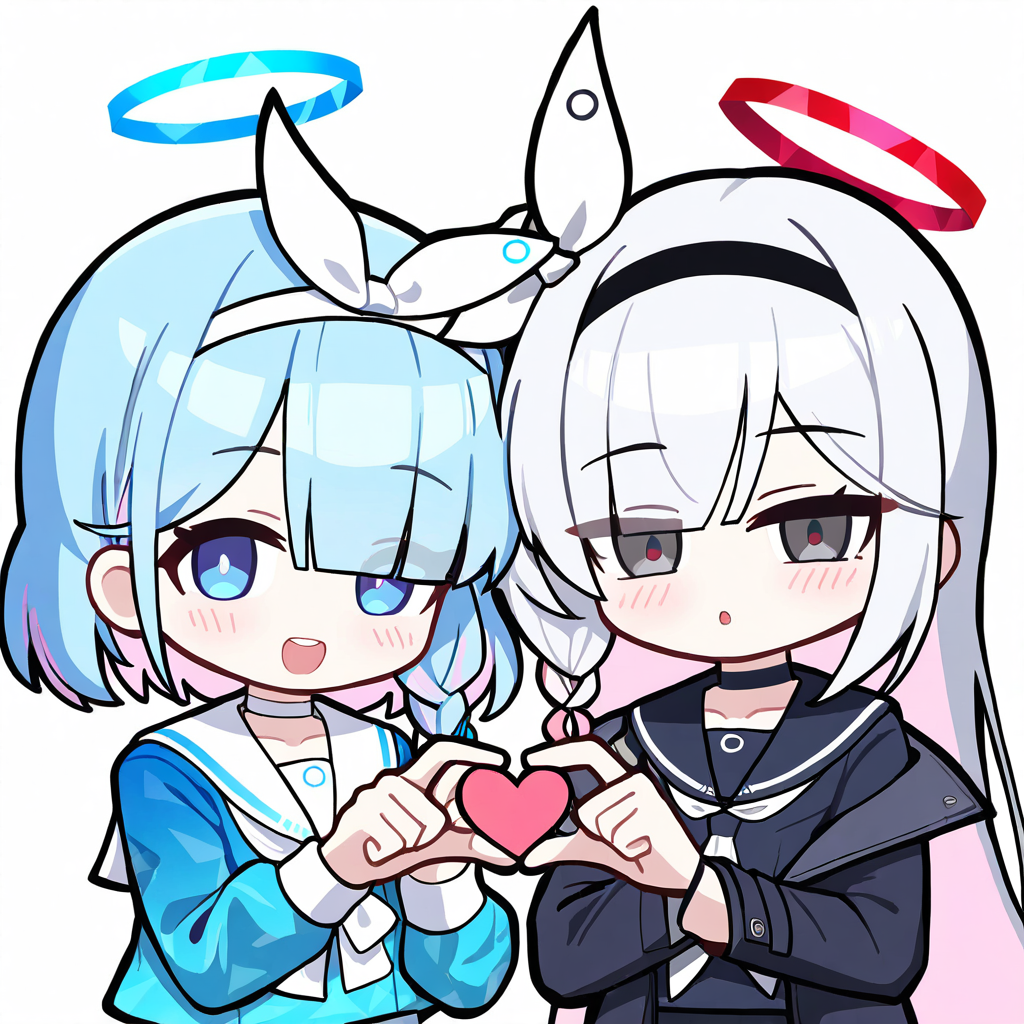 masterpiece, best quality, newest, absurdres, highres,chibi,plana (blue archive), arona (blue archive),blue archive,2girls, multiple girls, sailor collar, colored inner hair, multicolored hair, blue hair, hair over one eye, long hair, blue eyes, pink hair, braid, short hair, blush, white hair, heart hands duo, open mouth, black eyes, single braid, two-tone hair, collarbone, eyes visible through hair, parted lips, hairband, choker, school uniform, neckerchief, serafuku, long sleeves, shirt, hair ribbon, heart hands, looking at viewer, v, coat, bow, open clothes, white background, simple background, upper body, halo, white choker, white neckerchief, heart, black choker, black hairband, smile, black coat, white sailor collar, blue halo, black sailor collar, black serafuku, white ribbon, red halo, teeth, blue shirt, white hairband, white bow, upper teeth only,<lora:maplestory-000011prodigy:1>