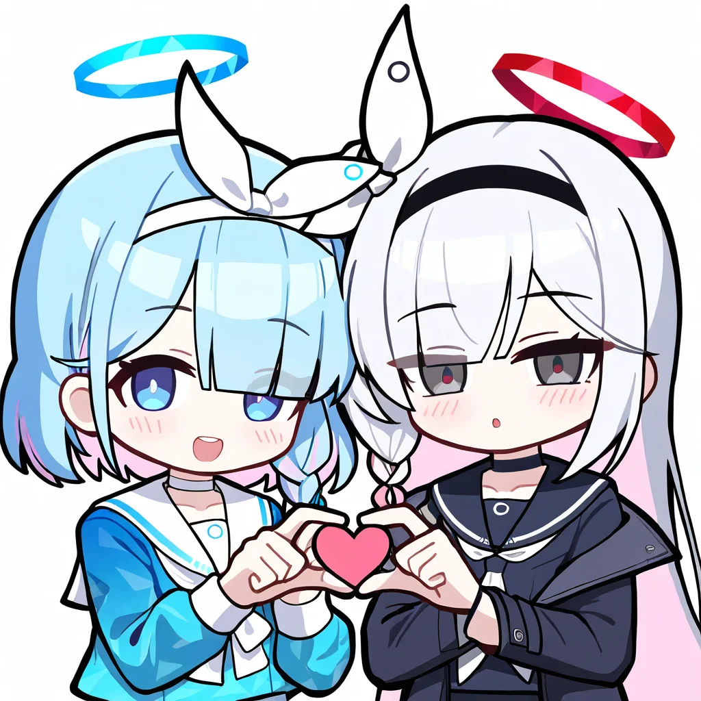 masterpiece, best quality, newest, absurdres, highres,chibi,plana (blue archive), arona (blue archive),blue archive,2girls, multiple girls, sailor collar, colored inner hair, multicolored hair, blue hair, hair over one eye, long hair, blue eyes, pink hair, braid, short hair, blush, white hair, heart hands duo, open mouth, black eyes, single braid, two-tone hair, collarbone, eyes visible through hair, parted lips, hairband, choker, school uniform, neckerchief, serafuku, long sleeves, shirt, hair ribbon, heart hands, looking at viewer, v, coat, bow, open clothes, white background, simple background, upper body, halo, white choker, white neckerchief, heart, black choker, black hairband, smile, black coat, white sailor collar, blue halo, black sailor collar, black serafuku, white ribbon, red halo, teeth, blue shirt, white hairband, white bow, upper teeth only,<lora:maplestory-000011prodigy:1>