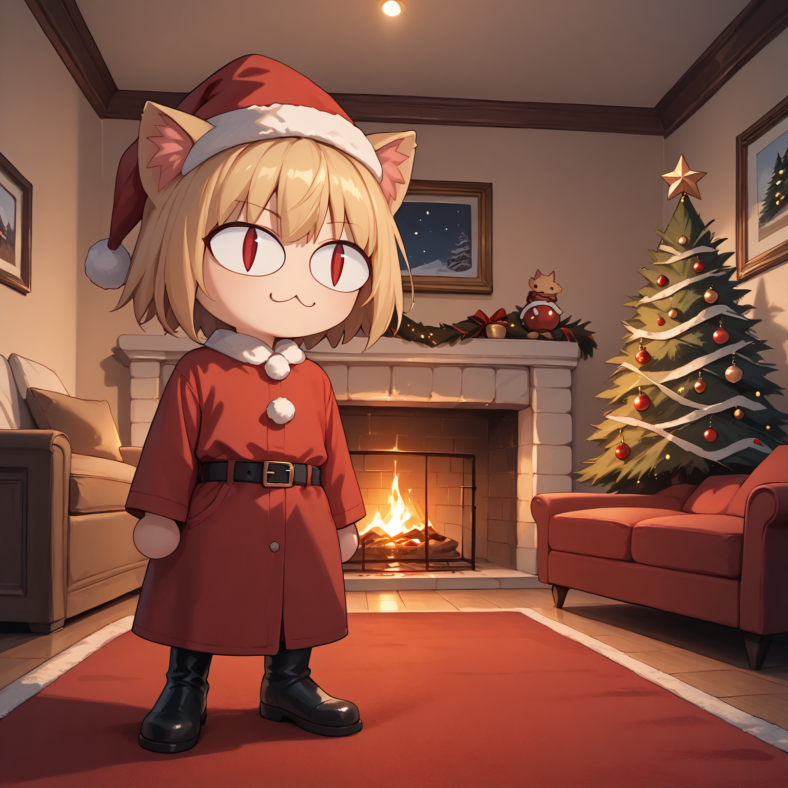 score_9, score_8_up, score_7_up, score_6_up, <lora:Christmas living room:0.5> chrlib, scenery, indoors, living room, night, fireplace, christmas tree, christmas ornaments, red carpet, solo, upper body BREAK
<lora:necoarc-guy-PONYv1_1:1> necoarc, blonde hair, red eyes, slit pupils, cat ears, :3, chibi, (santa costume:1.1), red coat, santa hat, red pants, black belt, black boots, standing