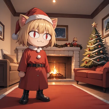 score_9, score_8_up, score_7_up, score_6_up, <lora:Christmas living room:0.5> chrlib, scenery, indoors, living room, night, fireplace, christmas tree, christmas ornaments, red carpet, solo, upper body BREAK
<lora:necoarc-guy-PONYv1_1:1> necoarc, blonde hair, red eyes, slit pupils, cat ears, :3, chibi, (santa costume:1.1), red coat, santa hat, red pants, black belt, black boots, standing