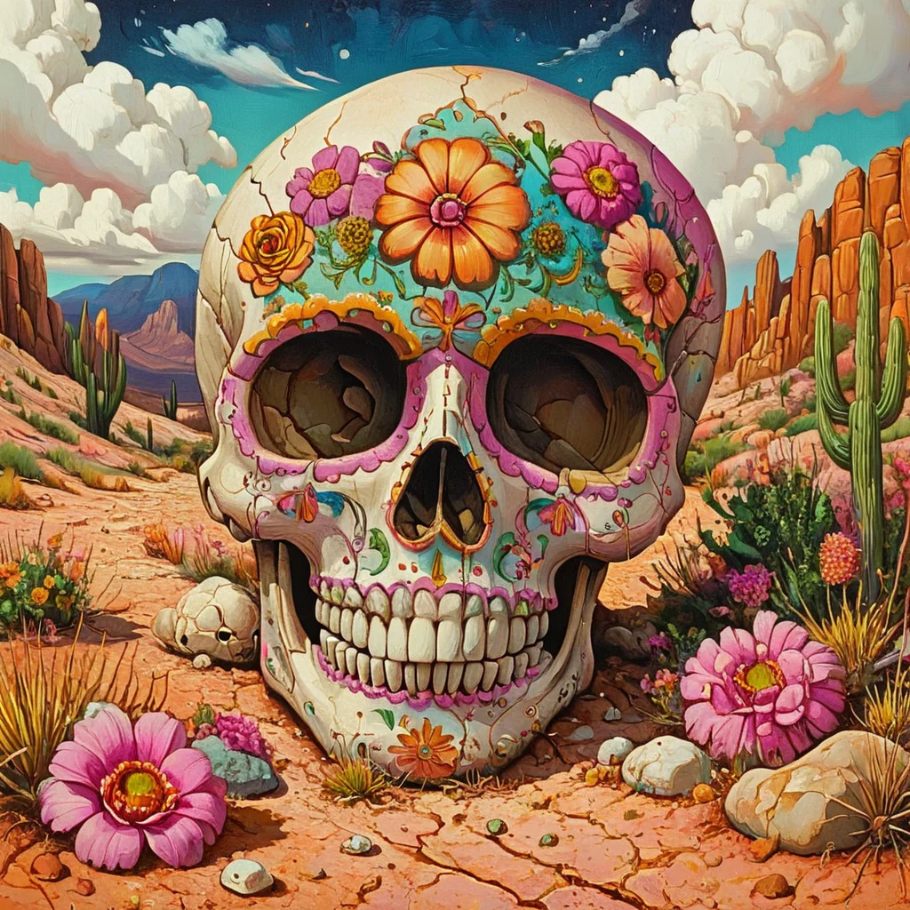 <lora:Vibrant_Calavera_r1:1> ArsMJStyle, Vibrant Calavera, The image is a digital illustration of a skull in a desert-like landscape. The skull is in the center of the image with its head facing towards the left side of the frame. It is decorated with colorful flowers and patterns in shades of pink orange yellow and green. The flowers are arranged in a symmetrical pattern around the skull's face with some overlapping each other. The background is a deep blue sky with white clouds and there are mountains in the distance. The ground is covered in small rocks and shrubs and the overall color palette is vibrant and colorful. The overall mood of the illustration is surreal and dreamlike., flower, sky, cloud, no humans, outdoors, pink flower, grass, floral print, star (sky), rock