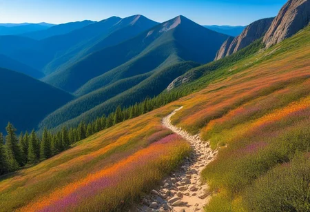 Silkscreen, ((WPA style)), (national parks style), Bold vivid natural colors, limited color palette, painting, HDR (Ridge trail in the white mountains going up Mt. Lincoln from little haystack)