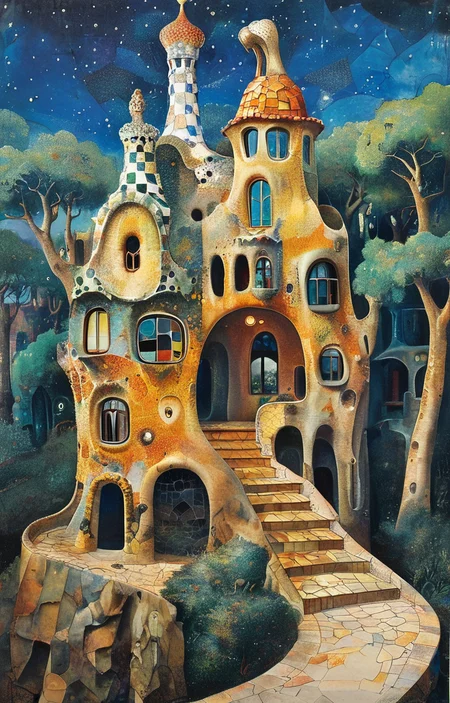 masterpiece,best quality,<lora:tbh305-sdxl:0.9>,illustration,designed by Antoni Gaudi Whimsical treehouse complex in a lush forest, channeling the spirit of Antoni Gaudí