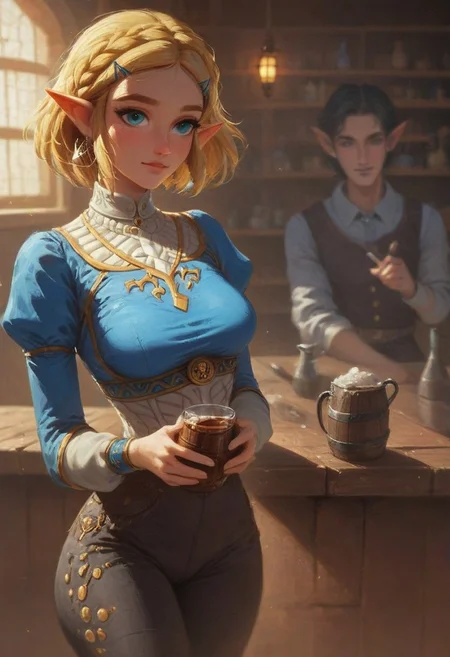 1dk, 30yo woman, 1girl,
blue shirt, black pants, hairclips, princess zelda, blonde hair, short hair,
medium breasts,
on a medieval tavern, tavern, crowded,
(drinking ale,)
score_9, score_8_up, score_7_up, 8k,
very detailed, high detailed texture, depth of field, cinematic illumination, volumetric lighting, rating_questionable, dark,