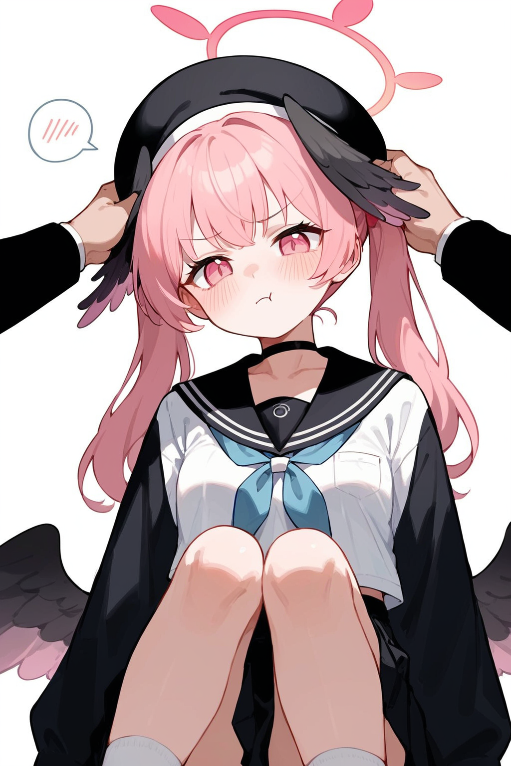 (score_9,score_8_up,score_7_up),1girl,koharu (blue archive),pink hair,head wings,wings,twintails,black wings,pink eyes,halo,socks,feathered wings,black headwear,long hair,winged hat,bangs,long sleeves,low wings,1girl,halo,squiggle,headpat,animal ears,school uniform,blush,sailor collar,spoken squiggle,solo focus,serafuku,black choker,pout,neckerchief,long sleeves,skirt,:t,choker,bangs,blue neckerchief,nail polish,white shirt,shirt,black sailor collar,black skirt,breasts,closed mouth,good feet,
anime,NSFW,expressive,amazing quality,ultra hd 32k,