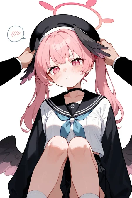 (score_9,score_8_up,score_7_up),1girl,koharu (blue archive),pink hair,head wings,wings,twintails,black wings,pink eyes,halo,socks,feathered wings,black headwear,long hair,winged hat,bangs,long sleeves,low wings,1girl,halo,squiggle,headpat,animal ears,school uniform,blush,sailor collar,spoken squiggle,solo focus,serafuku,black choker,pout,neckerchief,long sleeves,skirt,:t,choker,bangs,blue neckerchief,nail polish,white shirt,shirt,black sailor collar,black skirt,breasts,closed mouth,good feet,
anime,NSFW,expressive,amazing quality,ultra hd 32k,