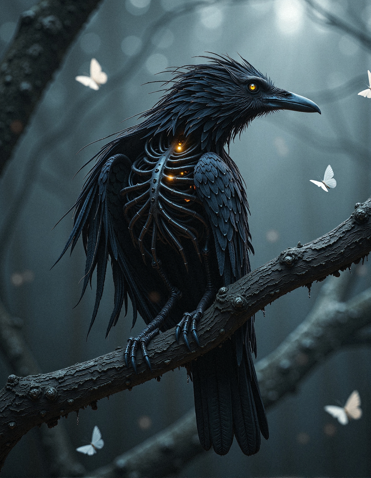 aidmaHyperrealism,
A spectral raven perches on a gnarled branch, its body seamlessly merging with twisting, skeletal branches that replace its ribcage, as if woven from the fabric of the forest itself. The bird’s eyes glow with an eerie luminescence, exuding an otherworldly presence, while delicate white butterflies flutter around its decayed form, illuminating the darkened atmosphere with their ghostly radiance. Its tattered feathers, elongated and flowing, appear like wisps of shadow unraveling into the cold mist, blending into the monochrome haze of the twilight forest. The background is blurred with drifting leaves and spectral silhouettes, enhancing the ethereal solitude of this haunting vision. The scene is enveloped in a soft, diffused light, with subtle glows emanating from the butterflies, casting a surreal contrast against the raven’s skeletal structure. Hyperrealistic rendering with intricate detailing in the feathers, branches, and soft atmospheric lighting, exuding a dark fantasy and gothic surrealism.
 <lora:aidmaHyperrealism-FLUX-v0.3:0.6>
