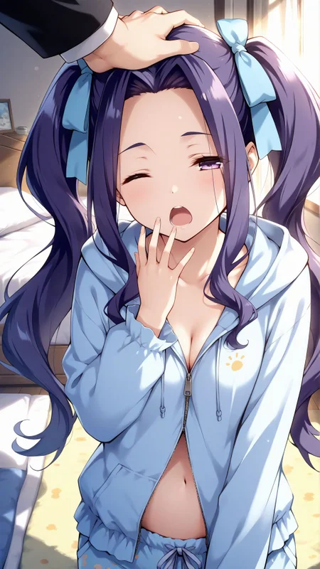 masterpiece,best quality,score_9,score_8_up,score_7_up,score_6_up,anime,
<lora:Breast Slider - Pony_alpha1.0_rank4_noxattn_last:-3>,
<lora:style012:0.5>,
solo,
one eye closed,half closed eyes,yawning,
<lora:Headpat_XLPD:0.8>,headpat,pov hands,upper body,
<lora:Melty Q Melromarc:0.8>,
MELTY Q MELROMARC,MELTY Q MELROMARC REGULAR WEAR,purple eyes,purple hair,blue hair,forehead,hair intakes,sidelocks,long hair,twintails,hair ribbon,blue bow,
Hood pajama,fur,white pajama,center open,cleavage,zipper,unzip,long sleeves,navel,pajama pants,
Morning,sunny,sunlight,sun arrays,
<lora:HandFixer_pdxl_Incrs_v1:0.5>,handfixer,