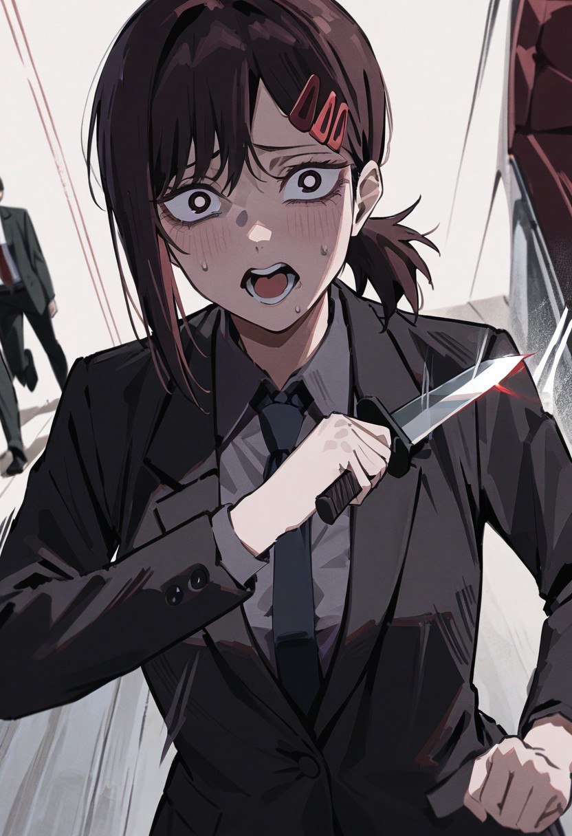score_9, score_8_up, score_7_up, (1girl, Higashiyama_Kobeni, badass moment, calm, cool, suit, focus glare, running, holding the knife, stab), (masterpiece: 1.2)