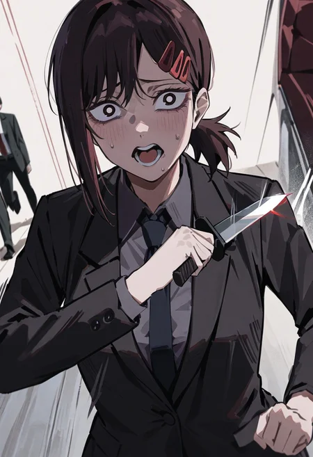 score_9, score_8_up, score_7_up, (1girl, Higashiyama_Kobeni, badass moment, calm, cool, suit, focus glare, running, holding the knife, stab), (masterpiece: 1.2)