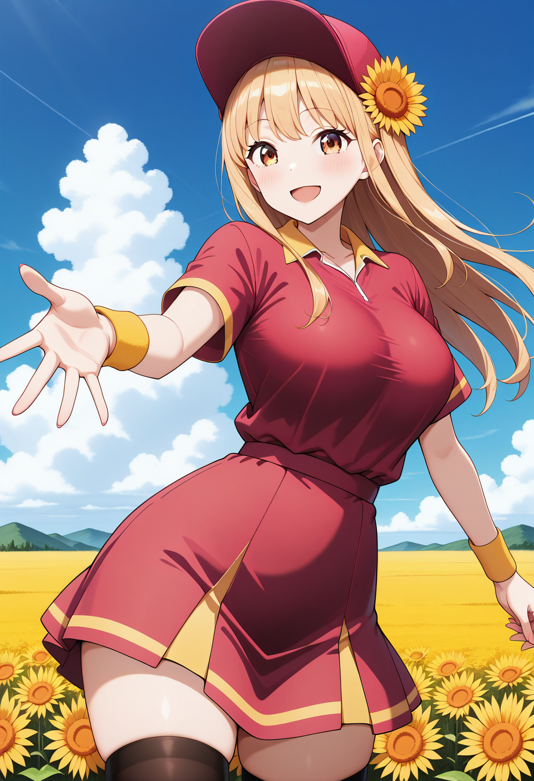 ruriko, brown eyes, blonde hair, long hair, hair flower, red baseball cap, yellow wristband, red shirt, short sleeves, red skirt, black thighhighs, zettai ryouiki, <lora:ruriko_illustrious_ver1:0.8> 
smile,, masterpiece, best quality, general,, 1girl, solo, (field:1.2), (blue sky:1.2), looking at viewer,, (cowboy shot, dynamic pose:1.4),