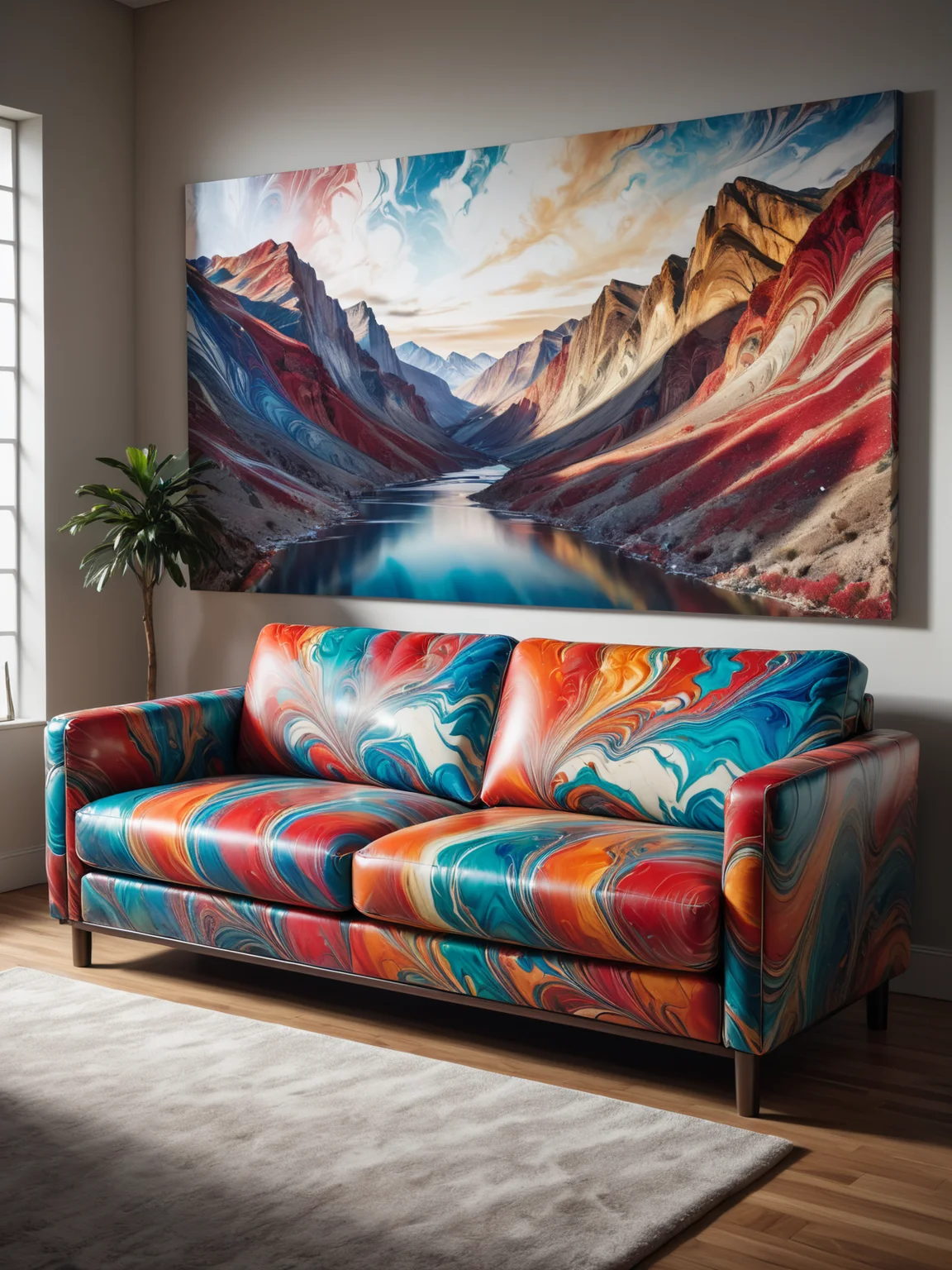 colorful mad-marbled-paper sofa, painting of a landscape, living room, cinematic shot <lora:Colorful_Marbled_Paper_SDXL_v2:0.5>, masterpiece, best quality, ultra high res, (photorealistic, realistic:1.2), deep shadow, raw photo, film grain, Fujifilm XT3, 8k uhd, dslr