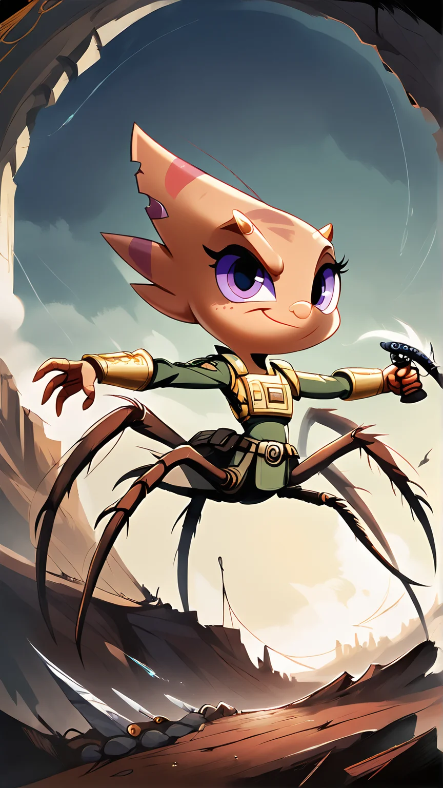 <lora:4r4chn1dPony:0.75>, score_9, score_8_up, score_7_up, score_6_up, fantasy 4r4chn1d, concept art, digital art, realistic, detailed face, solo, arachnid, Aardvark inspired desktop wallpaper, official_wallpaper, atmospheric, warrior, smirk, combat stance, holding a weapon, copper hair, Fair skin, Crew cut, <lora:Smooth Anime 2 Style SDXL_LoRA_Pony Diffusion V6 XL:0.8>, in location chameleon jungle, (Masterpiece:1.3) (best quality:1.2) (high quality:1.1)