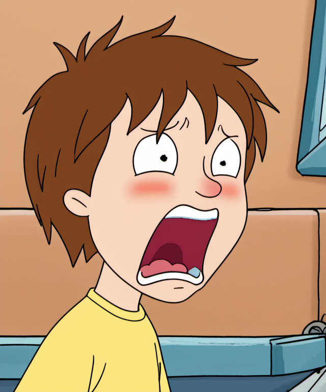 solo, 1boy, hhs1, blush, science fiction, brown hair, short hair, yellow t-shirt, blue slacks, screaming, scared, upper body, <lora:hhs1-000009:1.2>, <lora:Morty_Smith__Rick_and_Morty:0.7>,