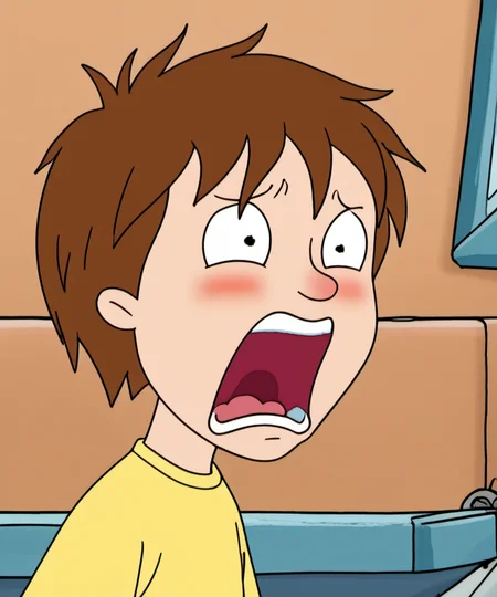 solo, 1boy, hhs1, blush, science fiction, brown hair, short hair, yellow t-shirt, blue slacks, screaming, scared, upper body, <lora:hhs1-000009:1.2>, <lora:Morty_Smith__Rick_and_Morty:0.7>,