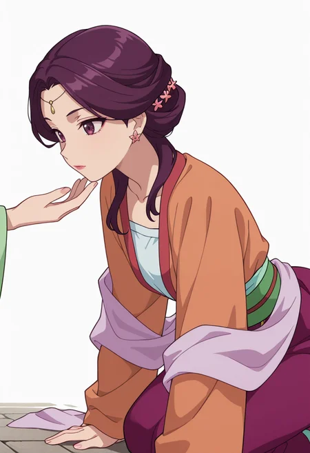 Smooth Quality,masterpiece,very intricate, high quality details, ultra realistic, high detailed skin,detailed enviorement,absurdres,
partially undressed,
<lora:Yinghua_CNR:0.8> yinghuacnr, purple hair, purple eyes, yinghua_orange_cnr, hanfu, japanese clothes,long sleeves, sash, shawl,earrings,hair ornament, makeup, lipstick,, simple background, white background, from side,
kneeling, one hand on ground, reaching forward, focused, tense, ,envy,