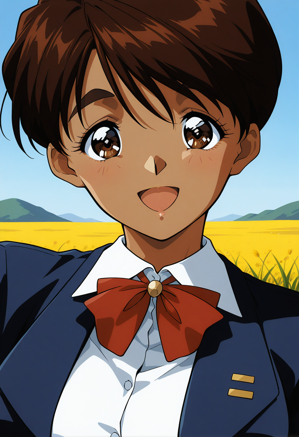 sr5_mizuki, retro artstyle, dark skin, dark-skinned female, thick eyebrows, brown eyes, brown hair, short hair, school uniform, red bowtie, blazer, long sleeves, blue jacket, open jacket, white shirt, collared shirt, <lora:SR5_mizuki_illustrious_ver1:0.8> 
smile,, masterpiece, best quality, general,, 1girl, solo, (field:1.2), (blue sky:1.2), looking at viewer,, (upper body:1.2), (close-up:1.2), (facing viewer:1.2), (open eyes:1.4), (portrait:1.2)