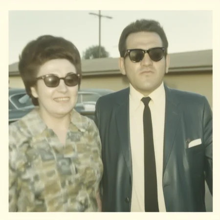 tcc_foundphotos, A woman and a man stand close together posing for the photo. The woman has short, styled hair and wears a patterned blouse. She is slightly open-mouthed as if caught mid-sentence or in a reaction. The man sports dark sunglasses and a suit with a tie, holding what appears to be a cigarette between his fingers.