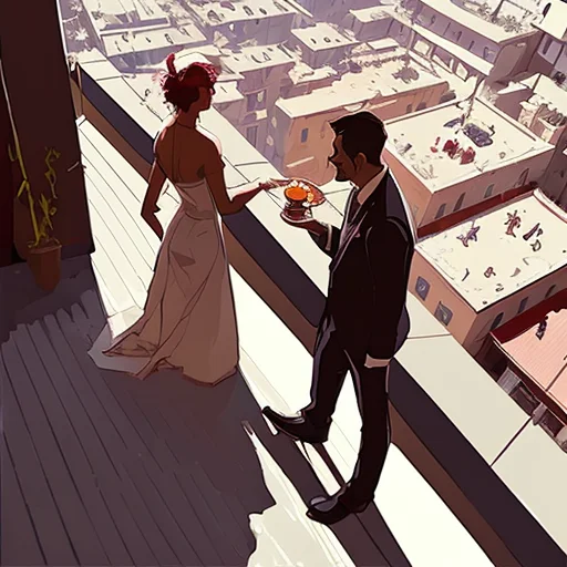 a man and woman standing on a restaurant balcony rooftop  in a restaurant looking over the city  (512PaintStyle3-light:0.8)