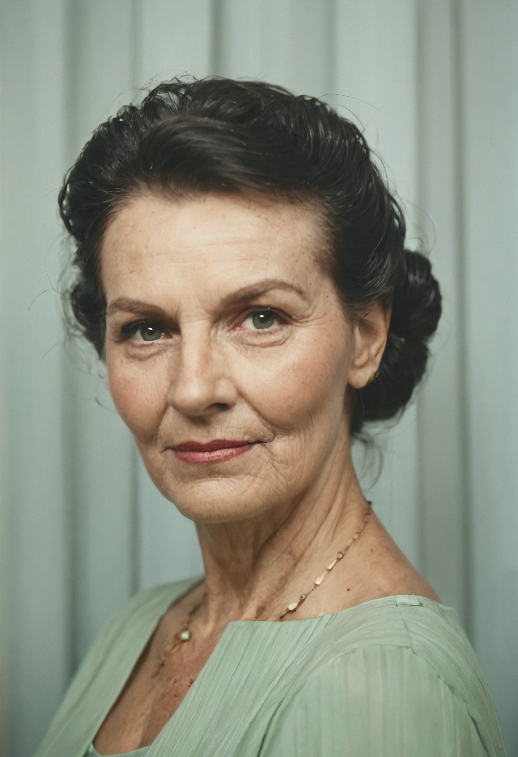 score_9, score_8_up, score_7_up, source_photo, photomaton, 1girl, mature, old woman, portrait, Rectangular head, black_hair, updo, raised inner eyebrows, rating_safe, Verdigris Green Patina on Copper/Brass curtains, <lora:pony/photomaton_r1:0.6000000000000001>