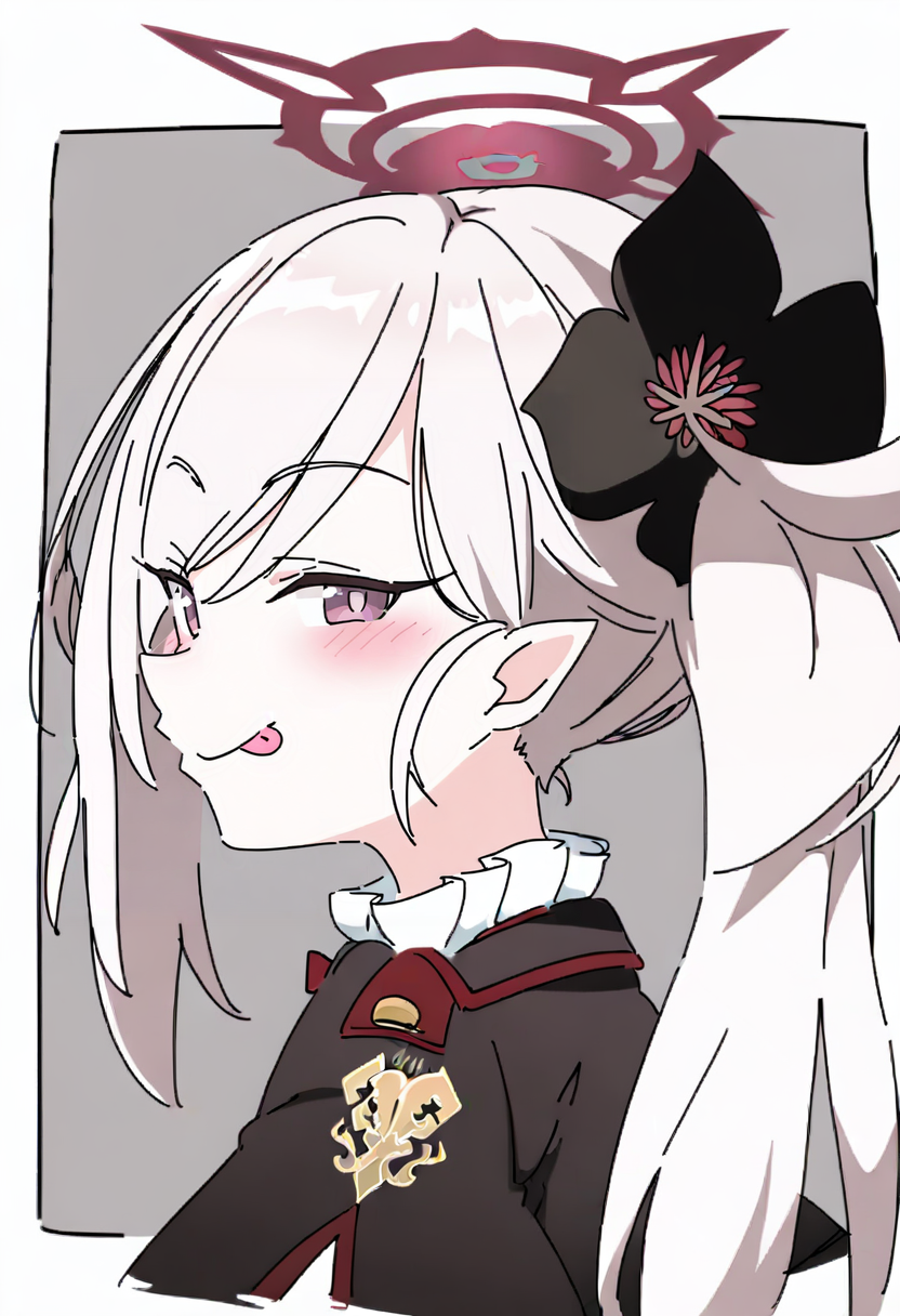 1girl, mutsuki \(blue archive\), halo, solo, hair ornament, side ponytail, purple eyes, looking at viewer, long hair, tongue out, tongue, pointy ears, flower, upper body, hair flower, white hair, blush, from side, black flower, smile, simple background, grey background, black jacket, two-tone background, jacket, scrunchie, border, bangs <lora:ixyXL_NBVP1_lokr_V6311PZ:0.95>