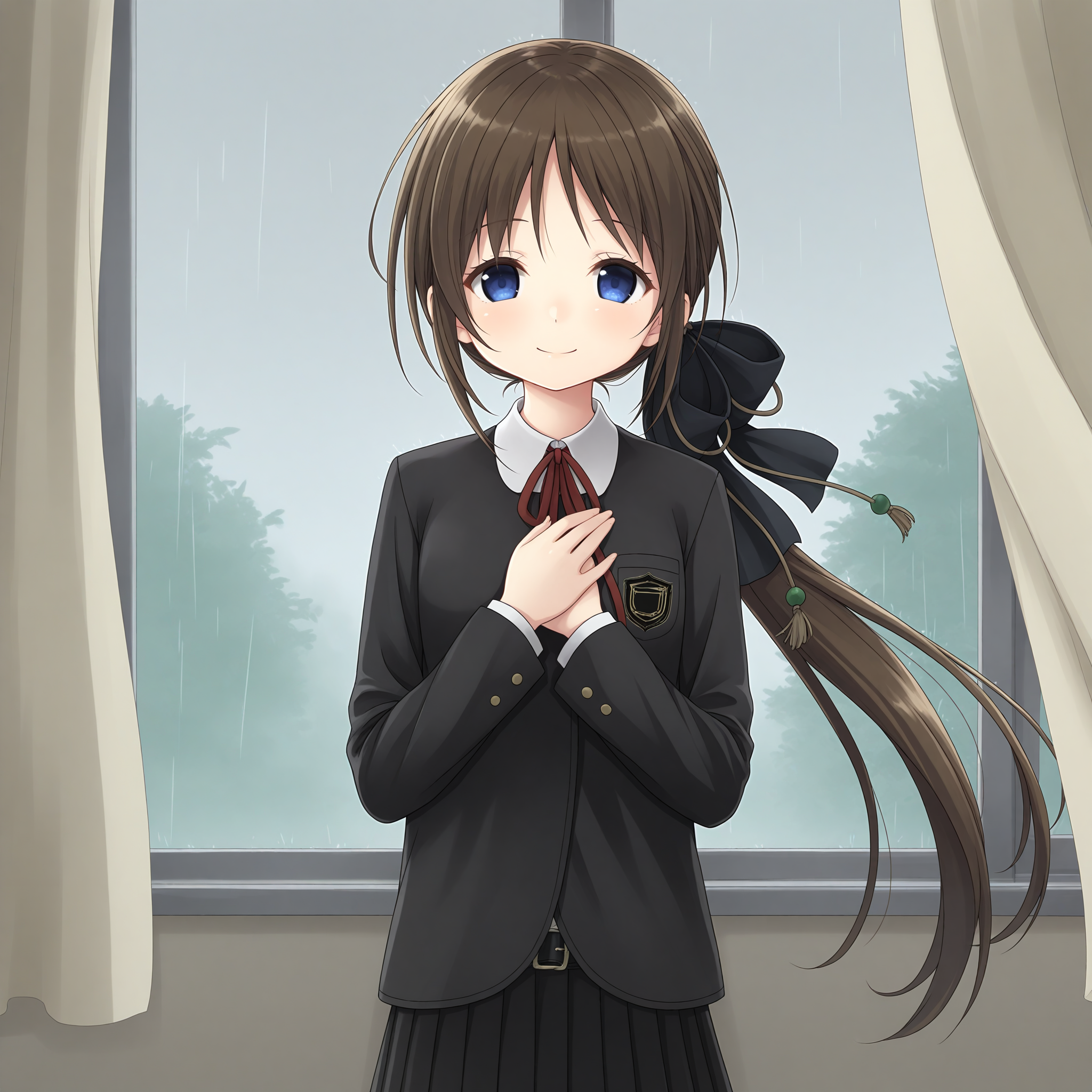<lora:Tortinita_Fine_1_nai-000027:1>,Tortinita Fine,ponytail,hair bow,black bow,hair ornament,
school uniform,white shirt,collared shirt,red neck ribbon,black jacket,black belt,belt buckle,black skirt,pleated skirt,long skirt,long sleeves,
1girl,solo,smile,standing,looking at viewer,front view,curtains,window,wind,classroom,own hands together,hands on own chest,floating hair,rain,