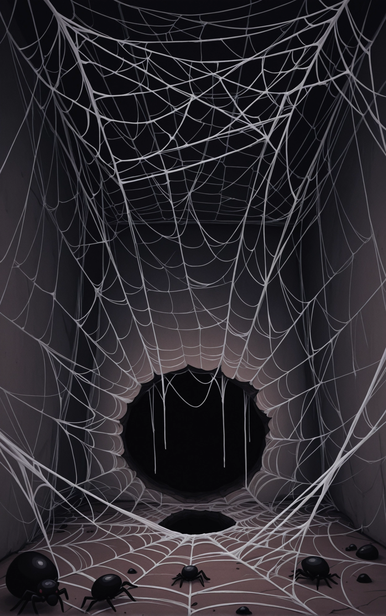 Decrepit bedroom with a lot of spider webs. There's a hole in the floor.