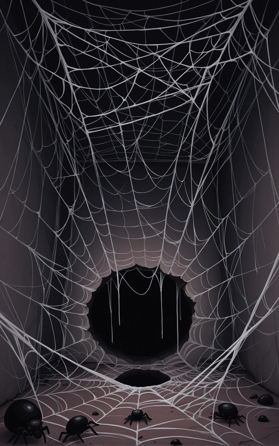 Decrepit bedroom with a lot of spider webs. There's a hole in the floor.