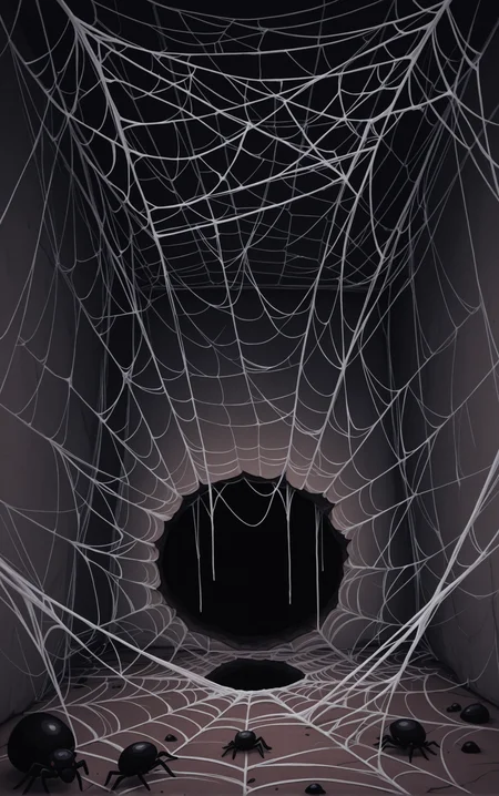 Decrepit bedroom with a lot of spider webs. There's a hole in the floor.