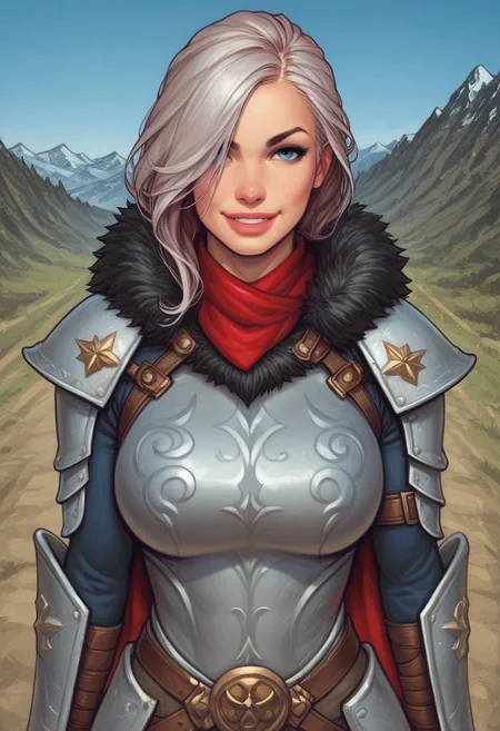 1girl, ((front view))), looking at viewer, highly detailed, from front, 1girl, highly detailed, skinny, looking at viewer, 1girl, masterpiece, best quality,
raw, masterpiece, extremely detailed, hyperrealism, photo, perfect anatomy, magnificent young warrior, full body, dramatic lighting, shadow play, romantic, heroism, epic, determination, proud, eternal beauty, detailed face, very long hair, very dark brown hair, beautiful blue eyes, battlefield background, massive plate armor, masculine body, muscular, heavy arms armor, red cape, fur collar, sword, BREAK
slight smile, looking at viewer, fur coat, dynamic pose,
BREAK 
long hair, silver hair, hair over one eye, blue eye, big hair, dynamic pose
BREAK 
best quality, depth of field, bokeh, (((full clothed))),  ((ready to fight, holdind big sword in hands, big two-handed sword in hands)), highlander
BREAK 
(((((snow, stones,  mountains))))) score_9, score_8_up, score_7_up, score_6_up, source_cartoon, rating_explicit, Expressiveh, (((((upper body))))), dynamic pose
