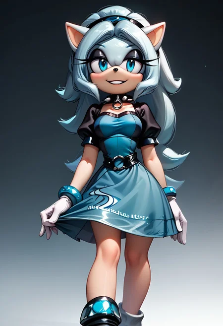 score_9, score_8_up, score_7_up, score_6_up, g0thicPXL, 1girl, 1girl, solo, goth girl, maria_robotnik, sonic_(series), hedgehog_girl, eyeliner, eyeshadow, blue eyes, long blond hair, hairband, black lips, seductive smile, pretty face, spiked collar, white_gloves, blue dress, puffy sleeves, medium skirt, shoes, blue foot wear, sexy pose, smile, grin, cute, sexy pose, lewd expression, wide hips, medium breasts, standing, biting one of her nails.