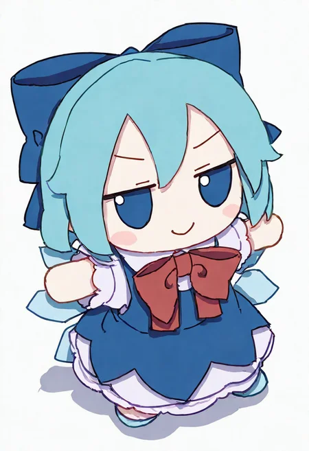 masterpiece, best quality, newest, absurdres, highres, safe, cirno \(touhou\), artist: kame \(kamepan44231\), fumo \(doll\), 1girl, blue eyes, blue hair, short hair, hair bow, blue dress, blue bow, ice wings, wings, ice wings