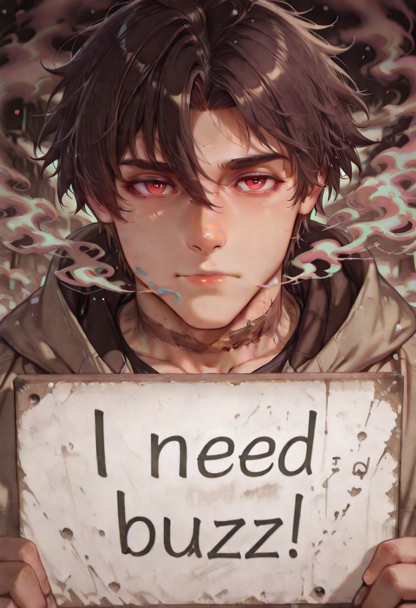 artist:moriimee,,colorful smoke, masterpiece, best quality, 1boy,young boy ,teenage solo ,closed mouth,need_buzz, holding sign,shinei nozen ,brown hair,red eyes,scar on neck