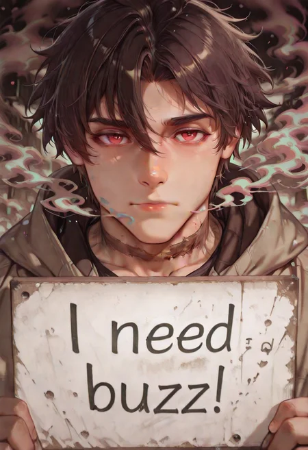 artist:moriimee,,colorful smoke, masterpiece, best quality, 1boy,young boy ,teenage solo ,closed mouth,need_buzz, holding sign,shinei nozen ,brown hair,red eyes,scar on neck