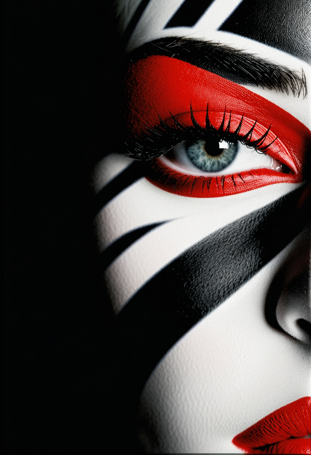 A striking close-up profile of a woman’s face adorned with bold, black stripes that wrap around the contours of her face, creating a hypnotic, zebra-like pattern against her smooth, pale skin. Her eyelids are covered in deep, matte black makeup that accentuates her long eyelashes, while her lips stand out in a glossy, vibrant red, offering a sharp contrast to the monochrome stripes. The image is minimalist yet visually intense, with the pattern seamlessly flowing across her features, evoking a sense of modern art and surreal beauty.

RAW photo, masterpiece, photorealistic, 8k, best quality, stunning eyes, skin detail, skin pores, blemishes