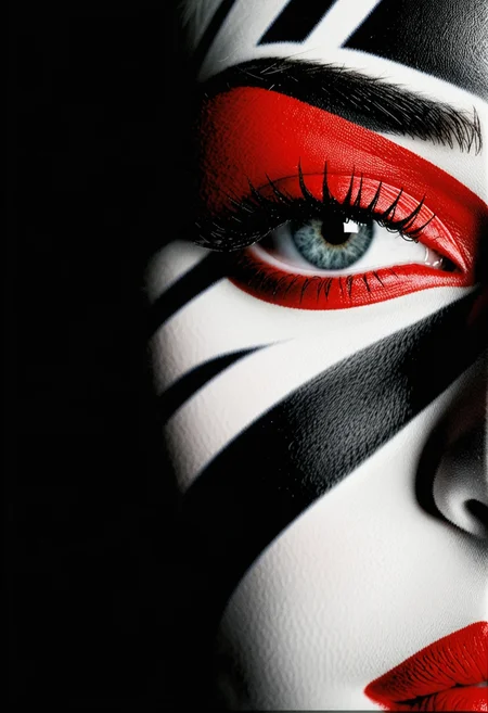 A striking close-up profile of a woman’s face adorned with bold, black stripes that wrap around the contours of her face, creating a hypnotic, zebra-like pattern against her smooth, pale skin. Her eyelids are covered in deep, matte black makeup that accentuates her long eyelashes, while her lips stand out in a glossy, vibrant red, offering a sharp contrast to the monochrome stripes. The image is minimalist yet visually intense, with the pattern seamlessly flowing across her features, evoking a sense of modern art and surreal beauty.
RAW photo, masterpiece, photorealistic, 8k, best quality, stunning eyes, skin detail, skin pores, blemishes