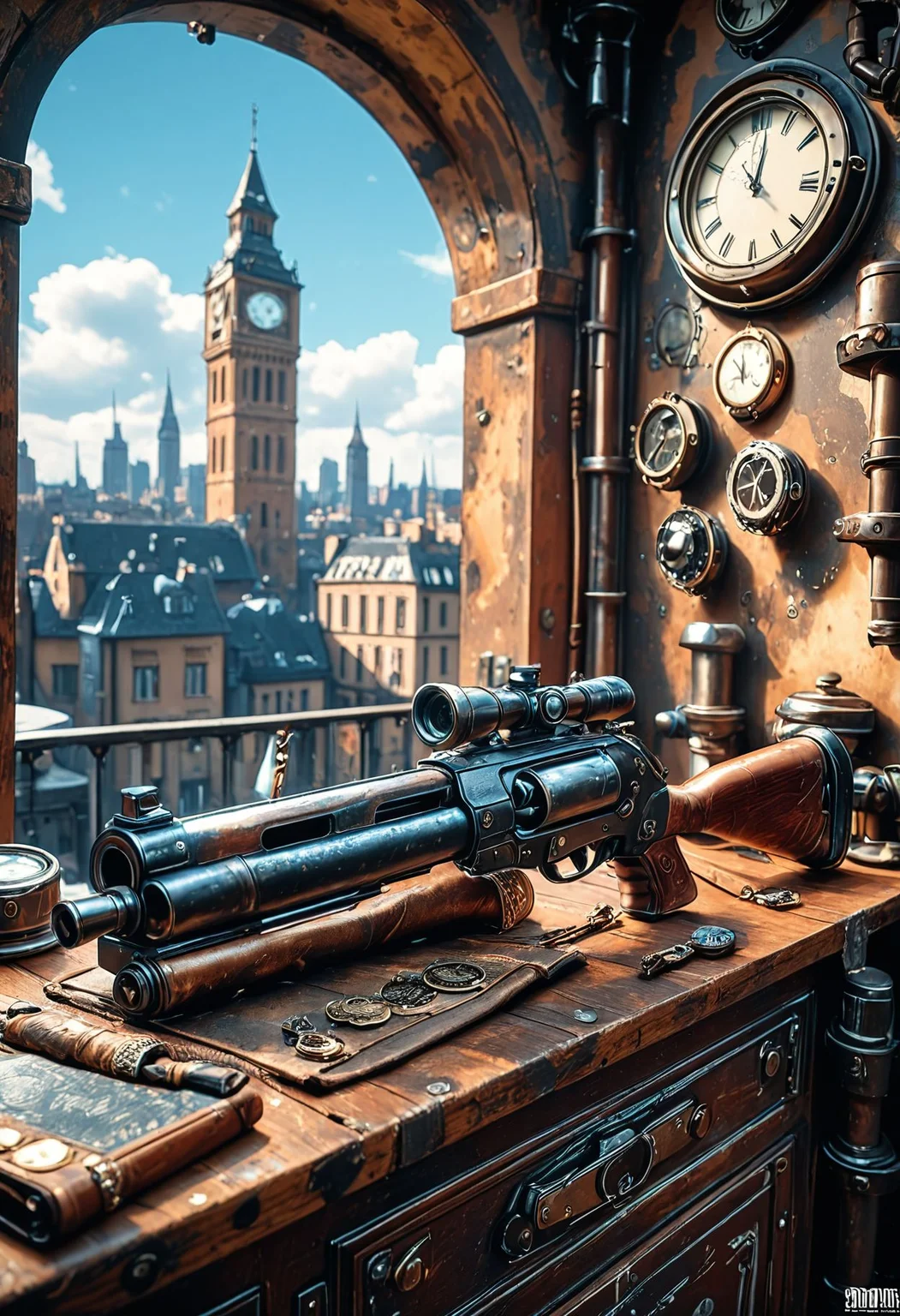 SmoothNoob_Quality, steampunk, steampunk gun, hunting rifle, close-up, industrial pipes, gun on table, architecture, blue sky, bridge, building, cityscape, clock tower, <lora:Smooth_Booster:0.5>
