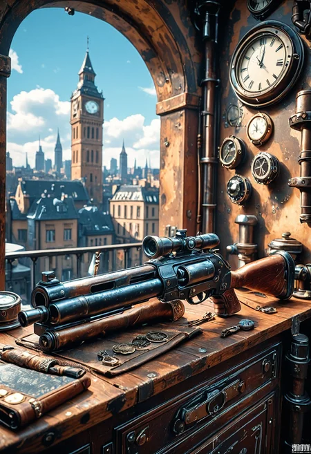 SmoothNoob_Quality, steampunk, steampunk gun, hunting rifle, close-up, industrial pipes, gun on table, architecture, blue sky, bridge, building, cityscape, clock tower, <lora:Smooth_Booster:0.5>āāā